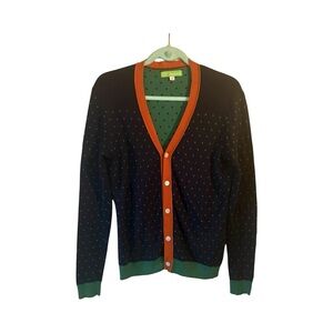Retro-preppy Fairwhale cardigan. Navy green dots w/orange trim. Y2K academia